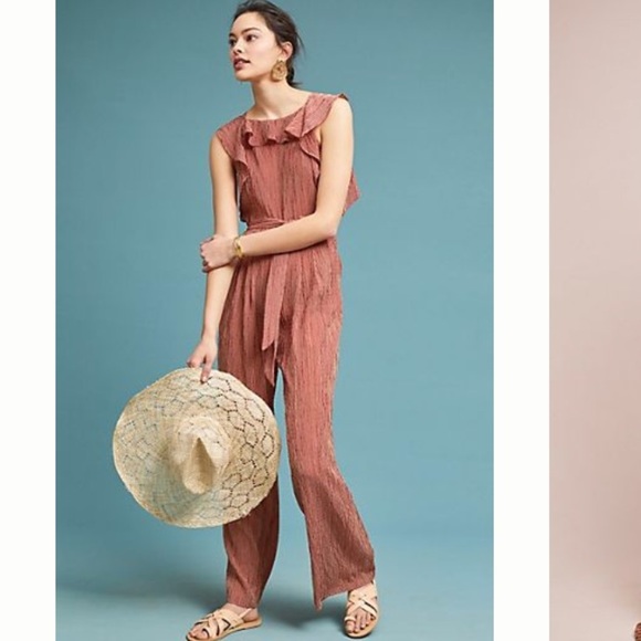 Eva Franco Anthropologie Ruffle Striped Jumpsuit Brown and Cream Pinstripe NWT - Picture 2 of 6